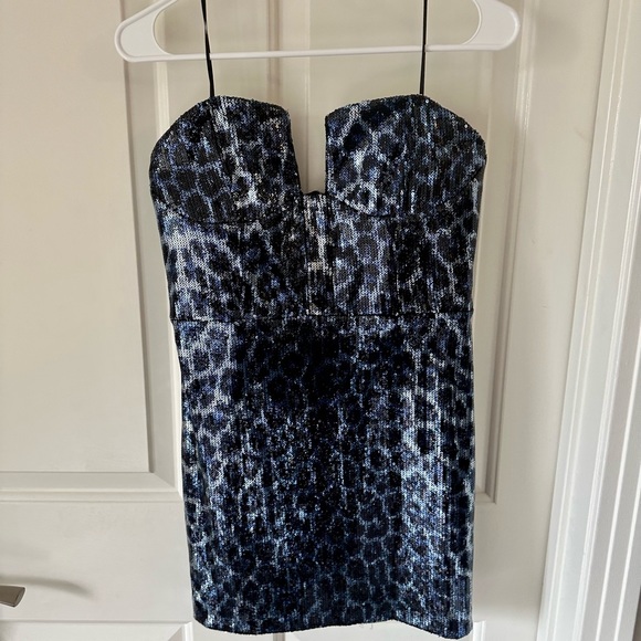 NWT ZARA Short Blue Black Sequin Dress Animal Leopard Print Strapless Corset - Picture 6 of 8
